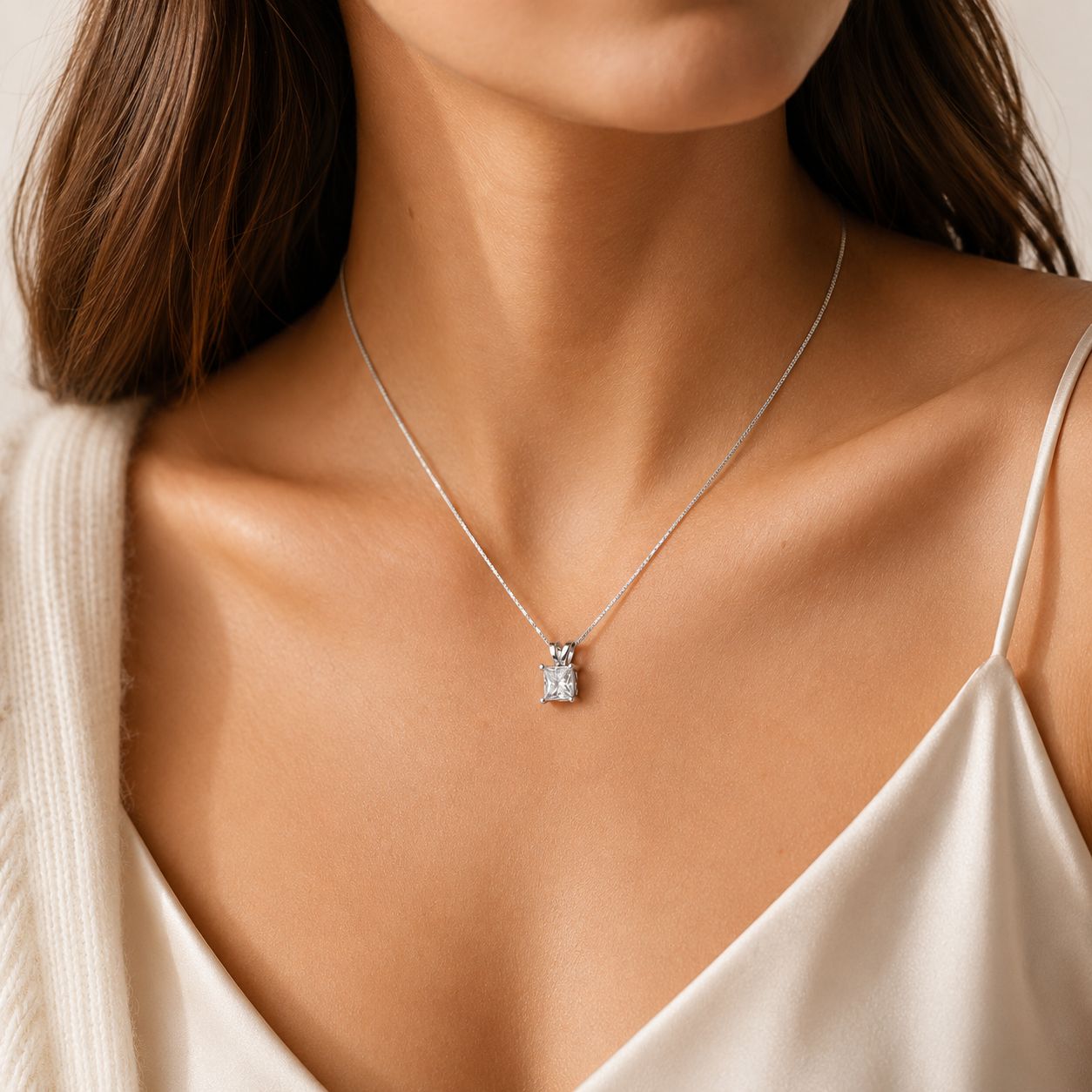 Princess cut pendant necklace worn