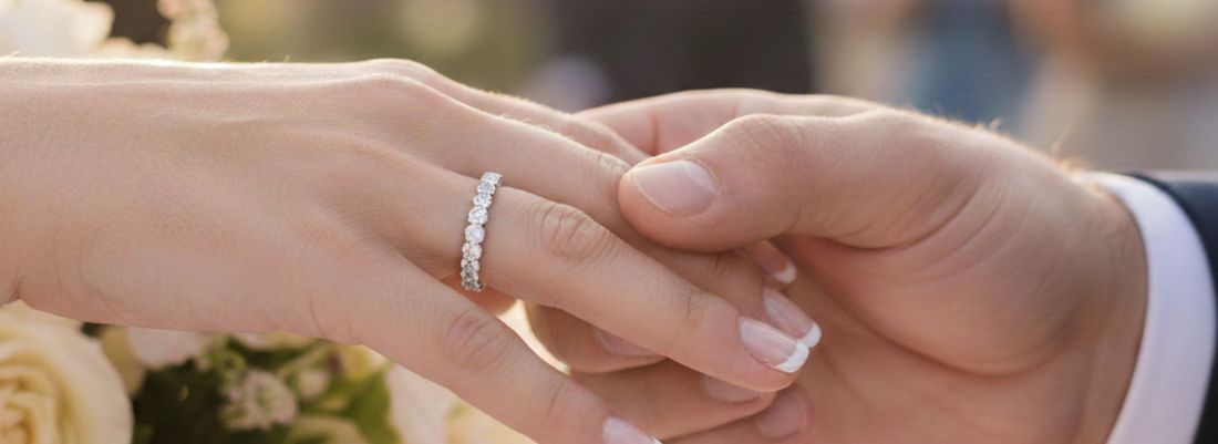Couple wearing eternity wedding band