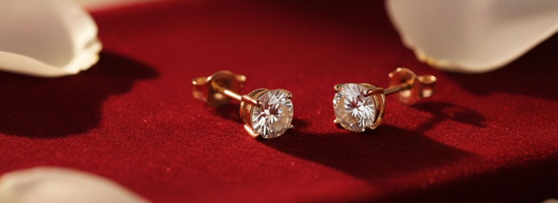 Gold stud earrings on red velvet
