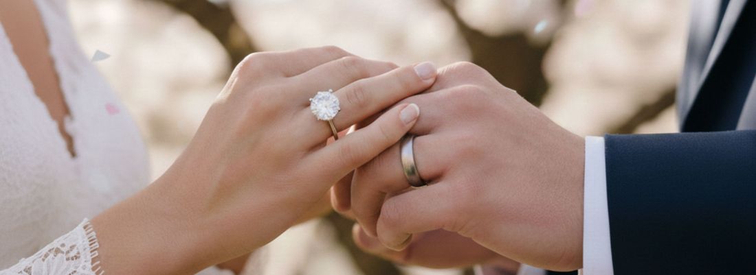 Gold engagement ring and wedding band